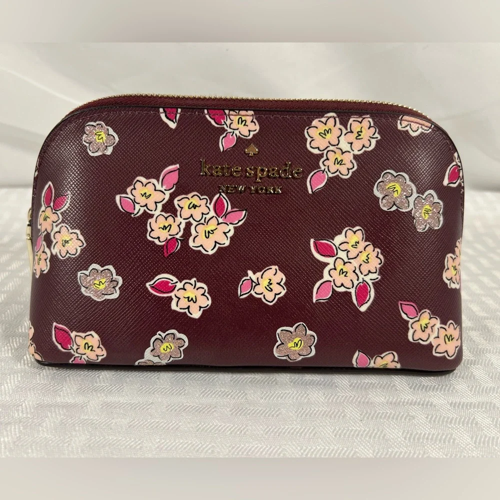 7522: Kate Spade New York Floral Saffiano Cosmetic Pouch Burgundy